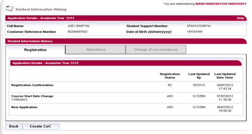 A screenshot of the detailed student information history page, registration tab in SIS