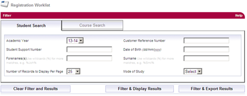 A screenshot of the registration worklist results page in SIS with the filter and export results button.