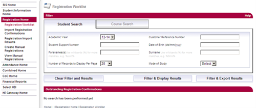 A screenshot of the registration worklist student search page in SIS.