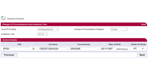 An image of the student details page for Credit Change of circumstance in SIS.