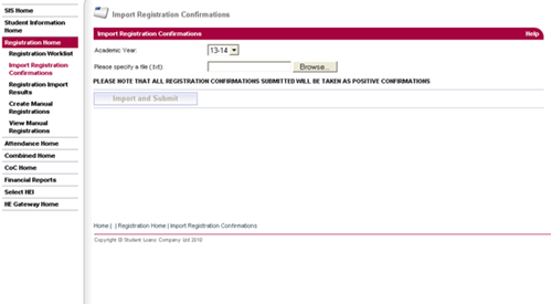 A screenshot of the import registration page in SIS.