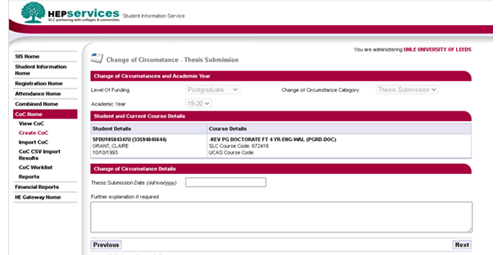 Image shows the Change of Circumstance details page for Thesis submission in SIS