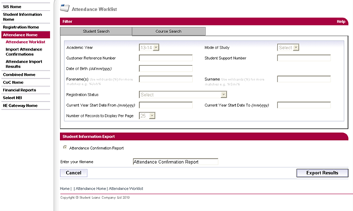 A screenshot of the attendance worklist page in SIS showing the export function.