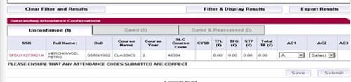 A screenshot of one student's attendance confirmed in liability 1 and 2 but not 3 in SIS.