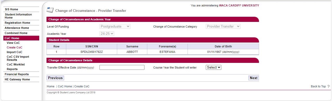 Postgraduate provider transfer CoC