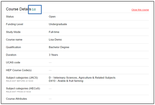 This image shows the Course Details page on CMS with the Edit link highlighted.