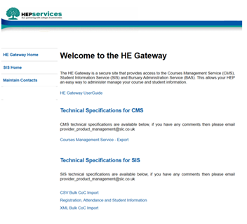 Screen capture of the home page for the HE Gateway