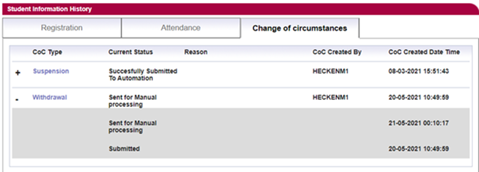 Change of Circumstance tab of the Student Information History page