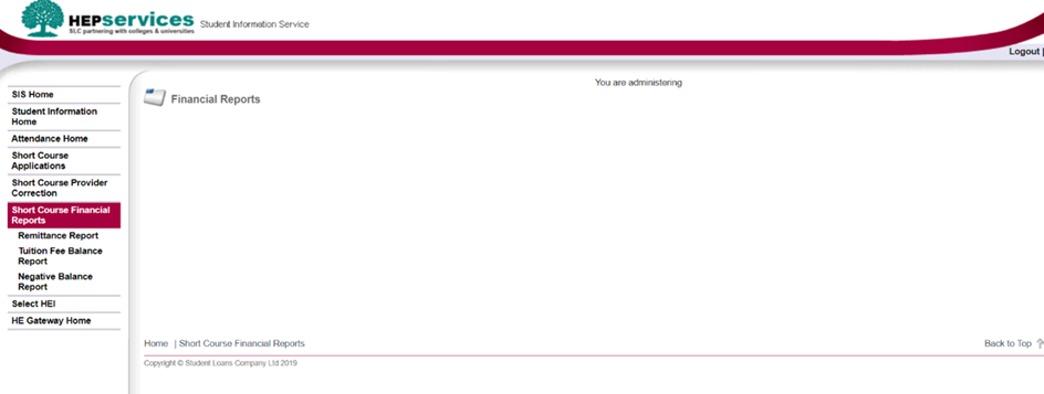 A screenshot of the financial reports menu in SIS short courses.