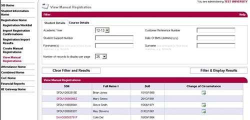 A screenshot of the manual registration search results in SIS.