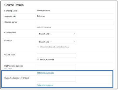 This image shows the Course Details page on CMS with the Subject Categories (HECoS) field highlighted.