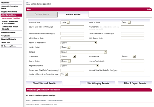 A screenshot of the attendance worklist page, course search tab in SIS.