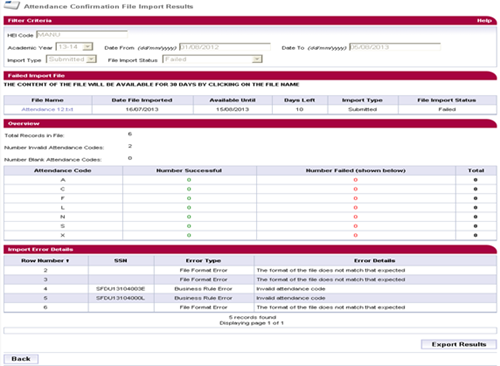 An image of the attendance confirmation import results page in SIS, showing the overview and details of any import errors.