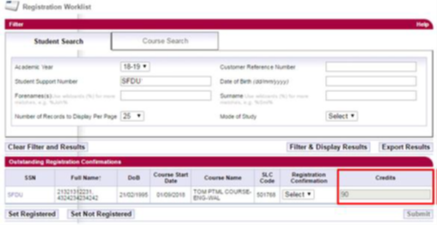 A screenshot of the registration worklist search results page in SIS with a red box highlighting the credits section.