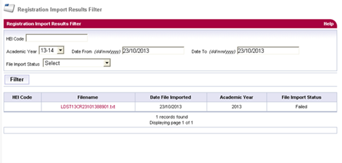 A screenshot of the registration import results filter results page in SIS.