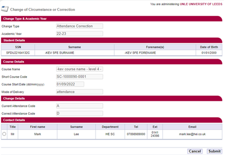 SIS short courses Attendance Correction screenshot