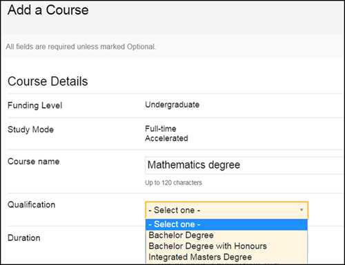 This image shows the Qualification dropdown on the Course Details screen.