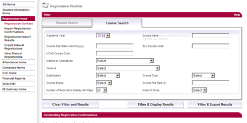 A screenshot of the registration worklist course search page in SIS.