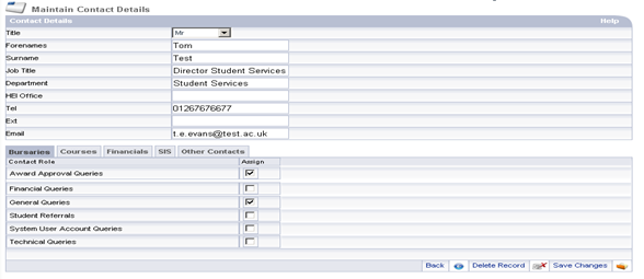 Screen capture of the Maintain Contact Details section showing the options to delete the contact record.