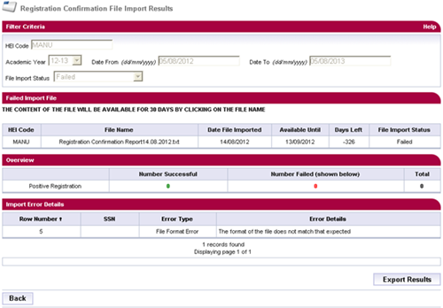 A screenshot of the registration confirmation file import results after a failed file import.