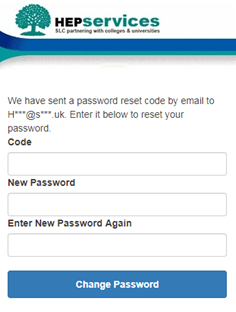 Screen capture of the rest password screen after reset code has been sent via email