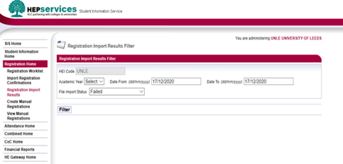 A screenshot of the registration import results filter in SIS.