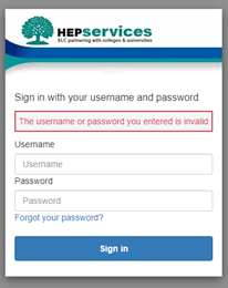 Screen capture of error message displayed when an incorrect username or password is entered at sign in