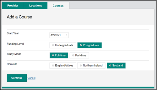 This image shows the Add a Course screen with the Postgraduate and Scotland options selected.
