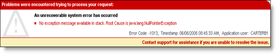 Screen capture of an example error message, displayed when an event happens that will prevent further progress of the chosen action