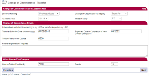 This image shows a screenshot of the Change of Circumstance for a Transfer CoC.