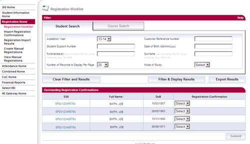 A screenshot of the registration worklist search results in SIS.