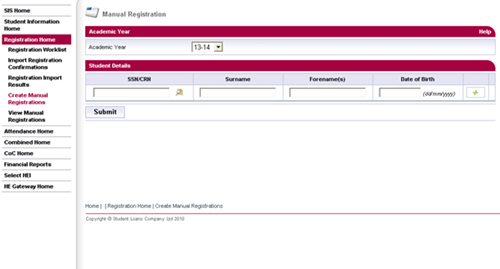 A screenshot of the create manual registration page in SIS.