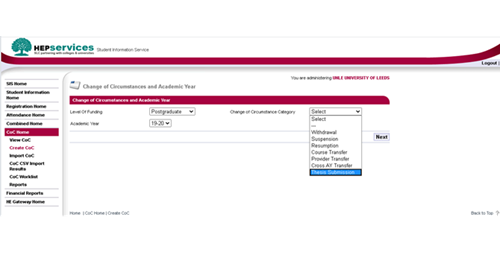 Image shows the Change of Circumstance page in SIS and Thesis Submission on the dropdown menu.