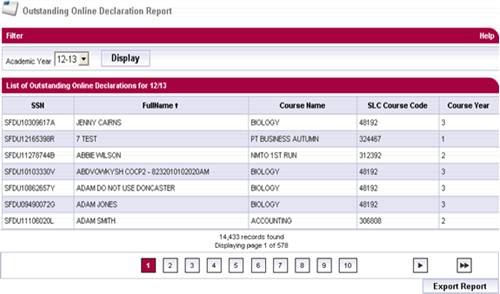 An image showing the outstanding online declaration report in SIS, financial reporting.