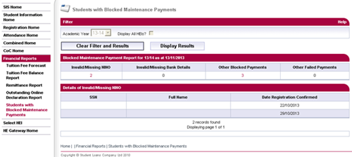 An image of the blocked maintainance payment report in SIS, financial reporting.