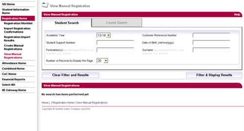 A screenshot of the view manual registration page, student search tab in SIS