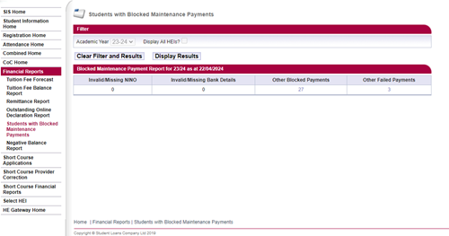 Blocked maintenance payments report